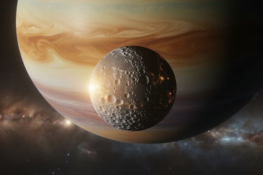 A cratered moon with glowing lights on its surface orbits a massive, swirling gas giant planet in the vastness of space - Powered by Adobe