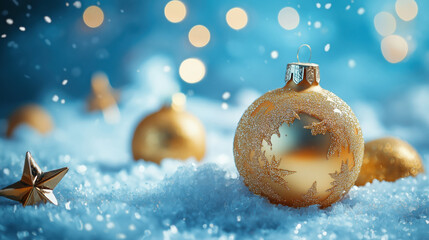 Golden Ornaments Sparkle in Winter Snow Setting