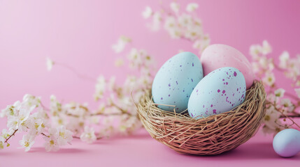 Colorful Easter Eggs in a Nest on a Pink Background