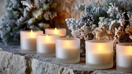 Close-up modern frosted glass candle vessels aligned on stone surface, elegant restrained holiday styling, modern hanukkah home decor - Powered by Adobe