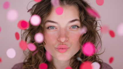 Woman Blowing Kiss With Colorful Confetti in Background