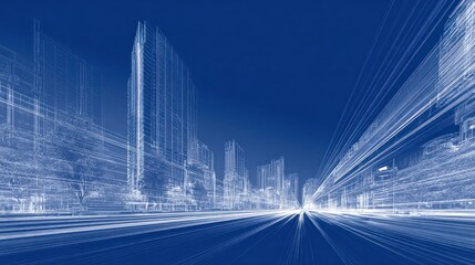 A digital illustration of a futuristic cityscape, featuring tall buildings and light trails, creating a sense of motion and depth against a blue background.