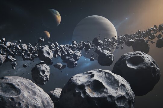A dense asteroid belt filled with rocky debris orbits distant planets and nebulae in the dark expanse of space - Powered by Adobe