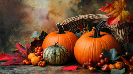 Autumn Pumpkins in a Rustic Setting With Vibrant Leaves