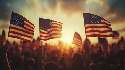 Crowd Waves American Flags During Sunset Rally