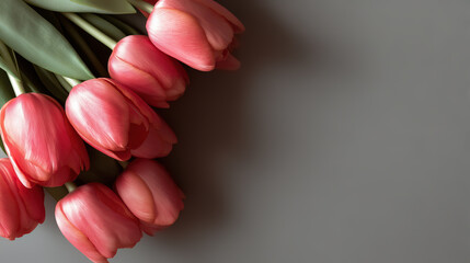 Bright Pink Tulips Arranged on a Gray Surface in Springtime