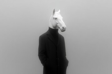 Surreal Portrait: Horse-Headed Figure in Foggy Formal Attire
