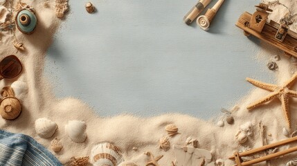 A serene beach scene with seashells, sunglasses, and nautical items arranged in sand, creating a tranquil coastal atmosphere.