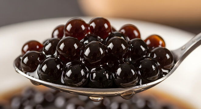 Close-up shot of a spoon filled with tapioca pearls, a key ingredient in bubble tea, ready to be enjoyed