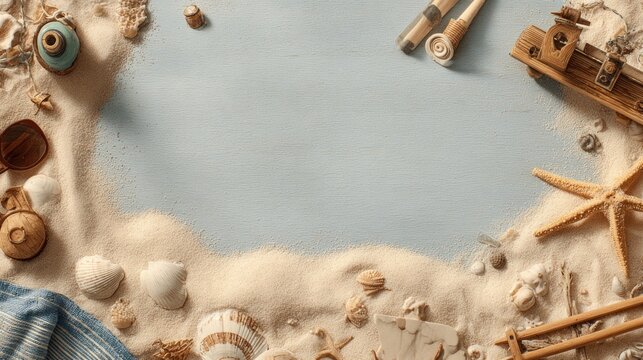A serene beach scene with seashells, sunglasses, and nautical items arranged in sand, creating a tranquil coastal atmosphere.