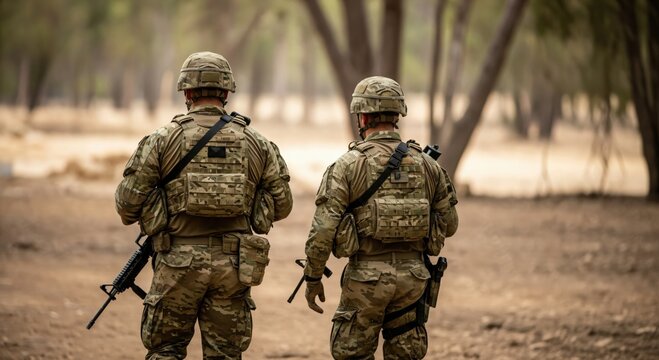 Back view of two armed military soldiers in full camouflage uniforms and tactical gear, on patrol in a dry, wooded outdoor environment. - Powered by Adobe