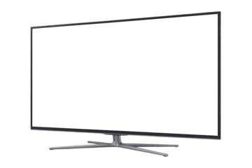 Realistic TV screen. Realistic illustration of black TV with stand and blank transparent isolated. Front shot of plasma tv screen.