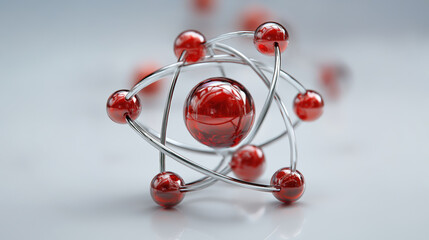 Model of an Atom With Red and Silver Spheres on a White Surface