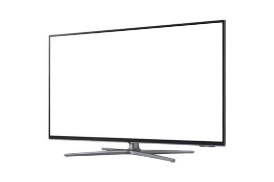 Realistic TV screen. Realistic illustration of black TV with stand and blank transparent isolated. Front shot of plasma tv screen.