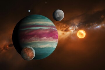 Vibrant alien gas giant planet with swirling colorful bands and moons orbiting in a nebula space galaxy