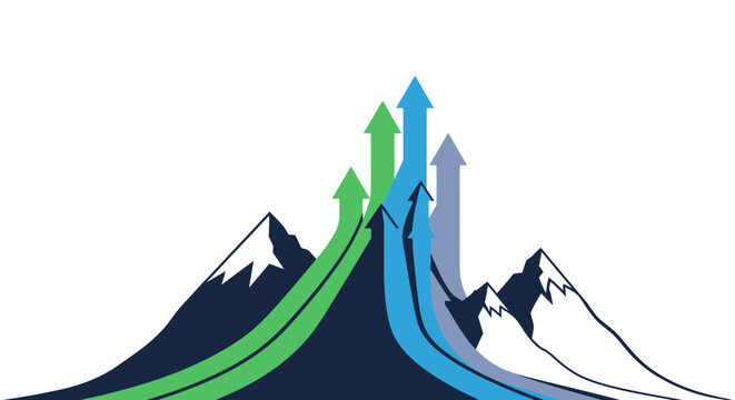 Arrows Ascending Mountain Peaks Symbolizing Business Growth and Success.