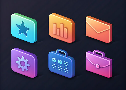 Isometric icons representing business and technology concepts on a dark background