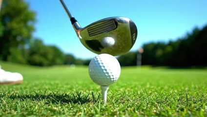 Close-up of a Golf Club Hitting a Golf Ball Teed Up on Green Grass, Capturing the Essence of a Perfect Golf Swing and the Pursuit of Accuracy and Skill