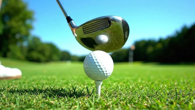 Close-up of a Golf Club Hitting a Golf Ball Teed Up on Green Grass, Capturing the Essence of a Perfect Golf Swing and the Pursuit of Accuracy and Skill