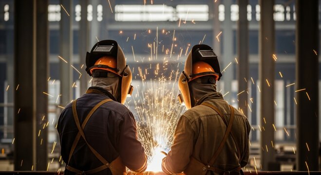 Two industrial welders working in a factory, seen from behind, creating bright sparks during their skilled manufacturing process.