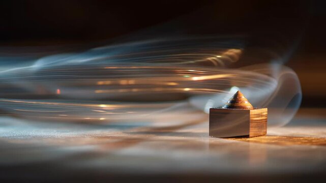 A small wooden box is sitting on a table. The box is brown. Close-up of dreidel captured with motion streaks, aesthetic slow shutter effect, minimal clean composition, dreidel game