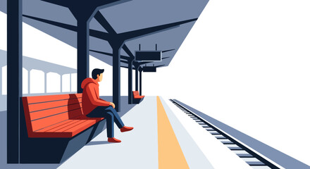 Man sitting alone on a bench at a train station platform, waiting for a train.