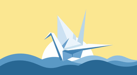 Naklejka premium Origami crane floating on water under a bright sky.