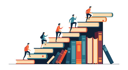 People Climbing Stairs Made of Books Symbolizing Education and Growth.