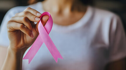 A person holds a pink ribbon symbolizing cancer awareness on a blurred background with copy space for text. Illustration of a cancer background.