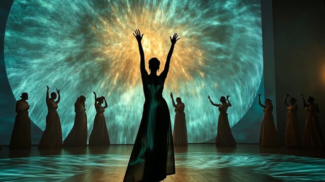 A traditional female dancer performs a classical routine, silhouetted against a large, ornate, and brightly lit cultural backdrop at night.