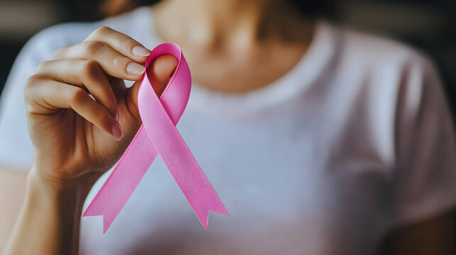 A person holds a pink ribbon symbolizing cancer awareness on a blurred background with copy space for text. Illustration of a cancer background.