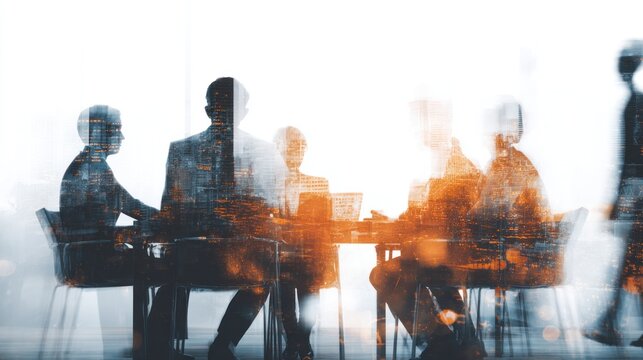 A blurred, double-exposed image of a business meeting, showcasing silhouettes of people discussing ideas against a city backdrop. - Powered by Adobe