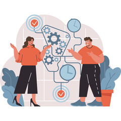 Two Diverse Professionals Collaborating on a Growth Strategy Diagram with Gears and Clocks Illustrating Progress and Planning in Warm Tones