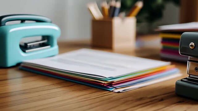 Stylish gray stapler on a wooden desk with colorful papers. Office supplies.