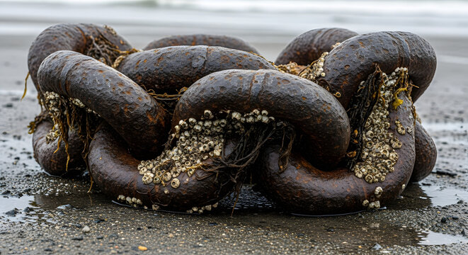 Rugged, heavily rusted marine anchor chain, encrusted with barnacles, lies on a wet coastal beach, symbolizing maritime strength and the enduring power of the sea