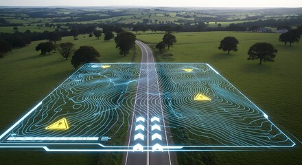 Futuristic digital highway overlaying green countryside landscape