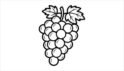Black and white outline illustration of a bunch of grapes with leaves on a white background fruit food