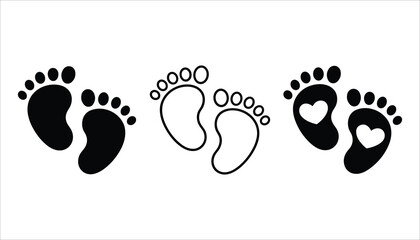 Three styles of black baby footprints with toes and one set featuring a heart cutout on white background