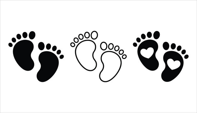 Three styles of black baby footprints with toes and one set featuring a heart cutout on white background