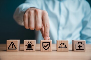 Naklejka premium Work safety and compliance concept. Wooden cube blocks with icon of safety at workplace. Safety first, protections, health, regulations and compliance. Safety in working process. Zero accidents.