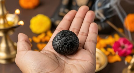 Close-up of a hand holding a black sacred stone with intricate spiral patterns during a traditional Hindu religious ceremony