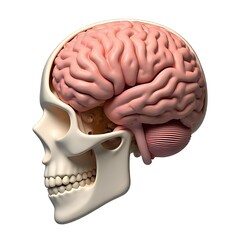 Anatomical illustration of a human skull with brain visible in a side view