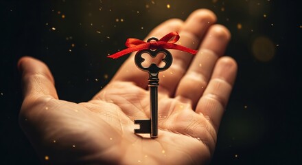 Human hand holding a vintage skeleton key with a red ribbon, surrounded by golden sparkles on a dark background, symbolizing opportunity and success.