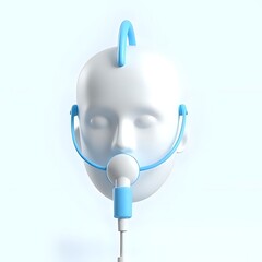 Medical oxygen mask on a mannequin head against a light blue gradient background