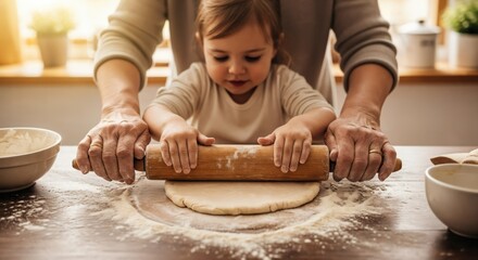 Close-up of a grandmother and her young granddaughter baking together in a sunlit kitchen, rolling out dough with a wooden pin on a flour-dusted table.