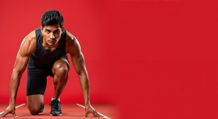 Determined young adult male athlete in starting position on a running track, ready to sprint against a vibrant red background, showcasing focus and athletic prowess