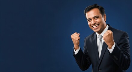 Happy Indian businessman in a dark suit celebrating success with a triumphant gesture against a blue background.