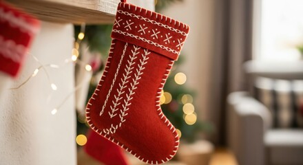Beautifully embroidered red Christmas stocking hanging on a rustic wooden mantelpiece in a cozy festive home