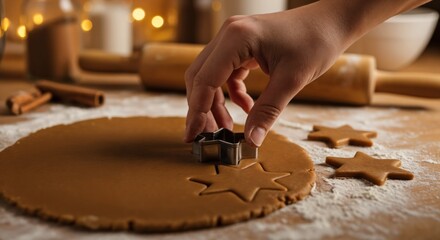 Close-up of a person's hand using a star cookie cutter to make gingerbread cookies from fresh dough on a floured wooden table during festive holiday baking.