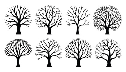 Eight diverse black silhouette bare trees with intricate branching patterns on a white background winter tree